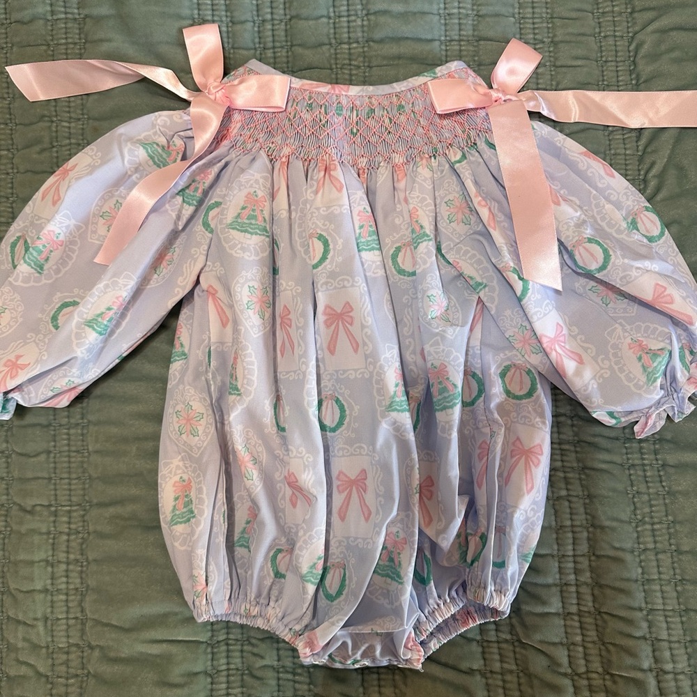 Smocked Pastel Baby Bubble Romper with Pink Ribbon Ties